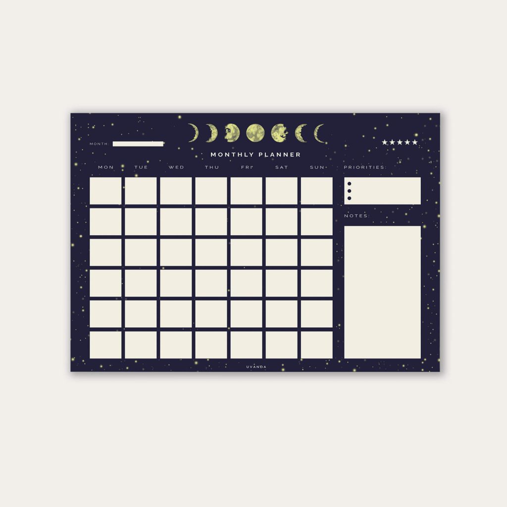 Monthly Undated Calendar Moon Phase