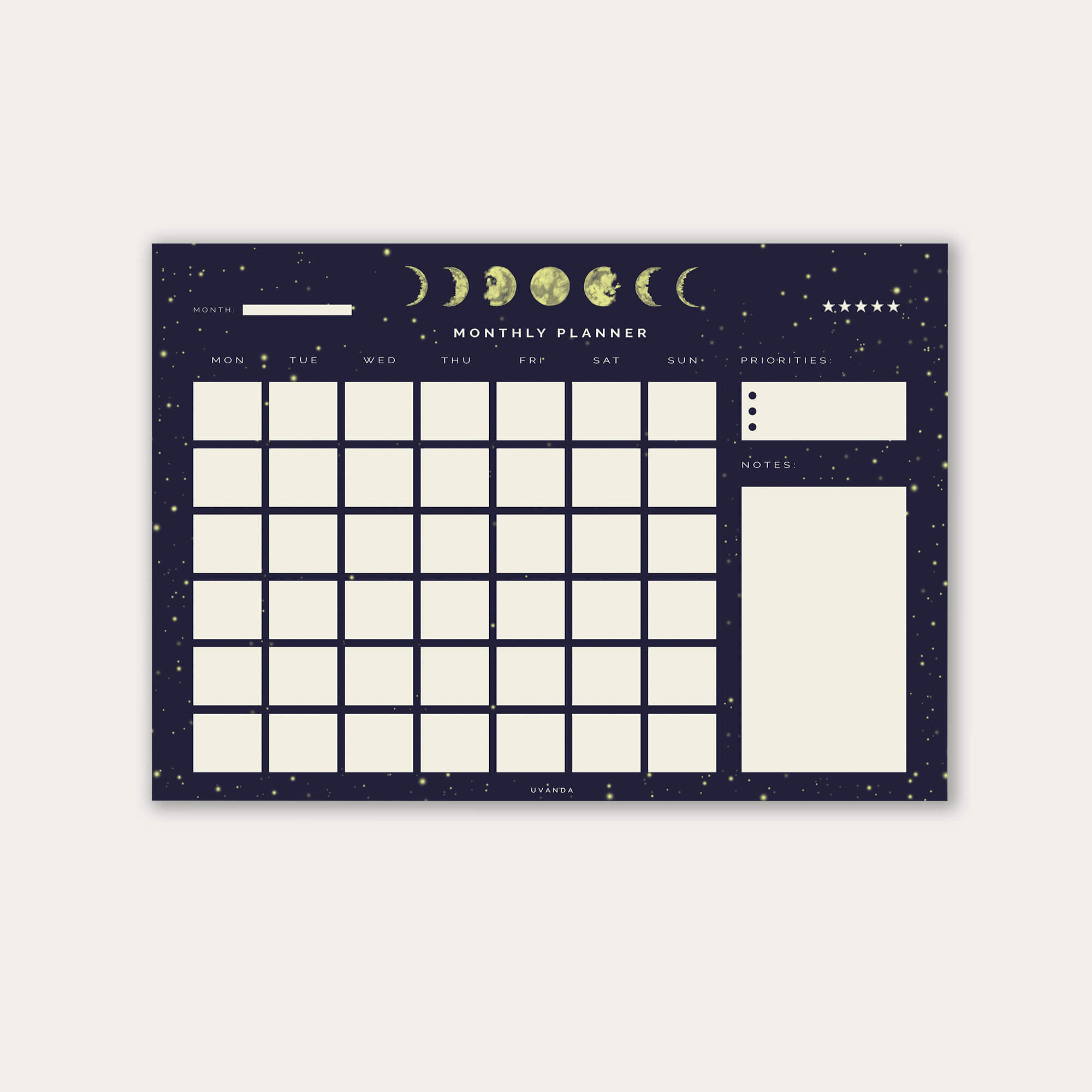 Monthly Undated Calendar Moon Phase