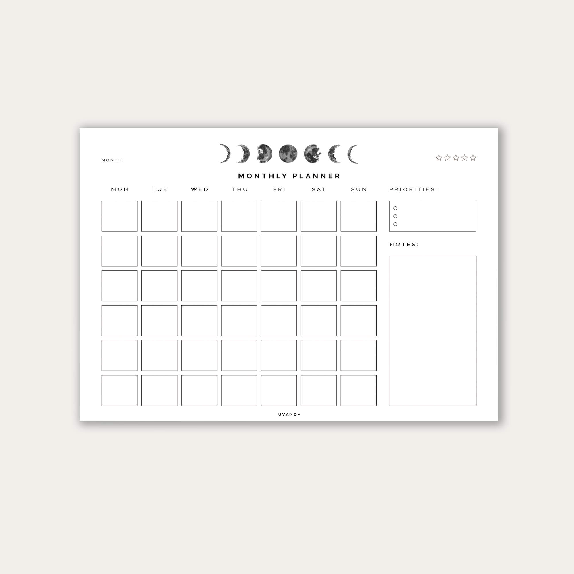 Monthly Undated Calendar Digital Printable