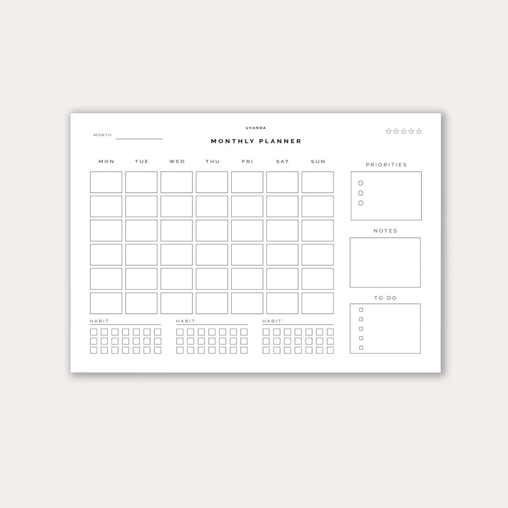 Monthly planner undated calendar a4 size