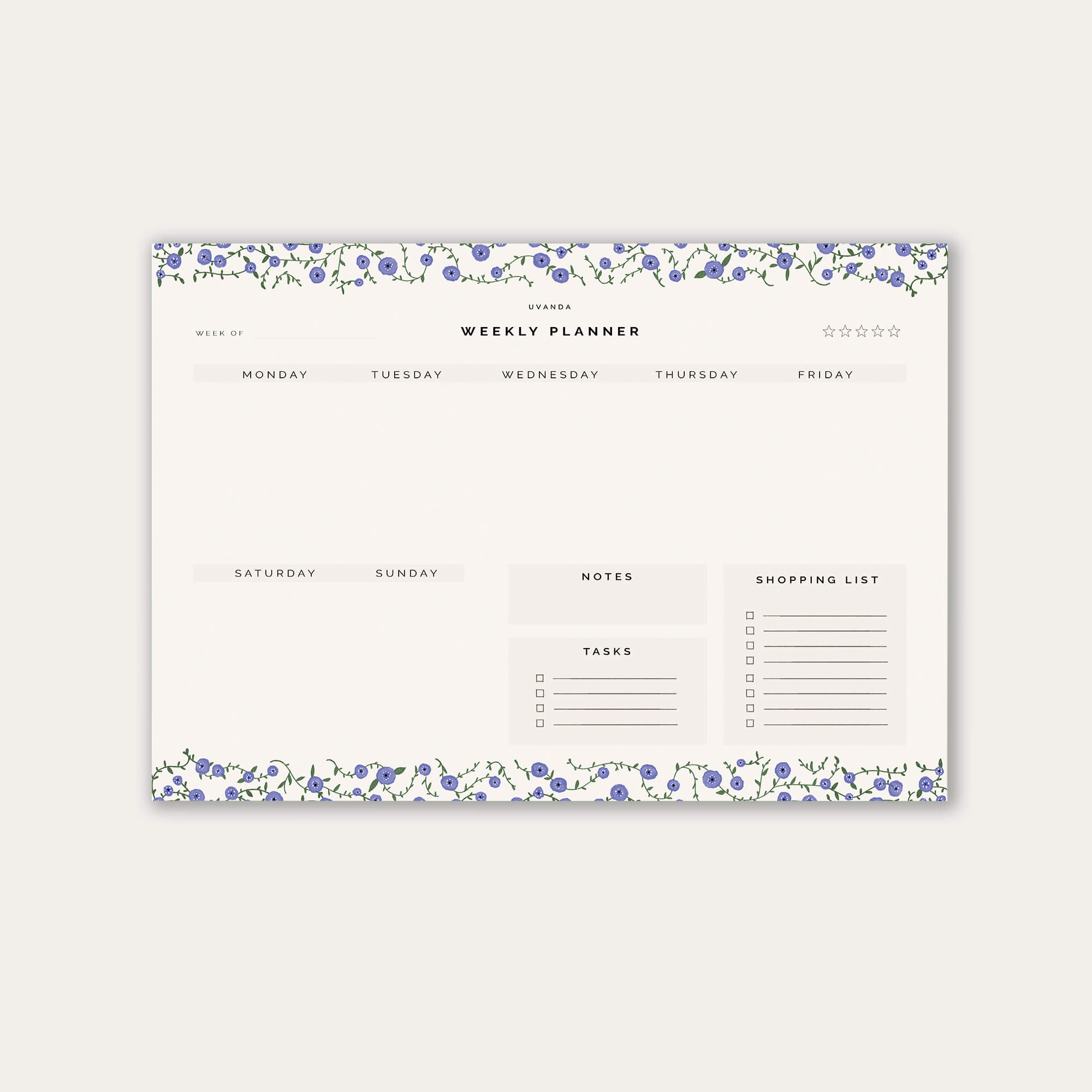 Weekly planner undated calendar floral design