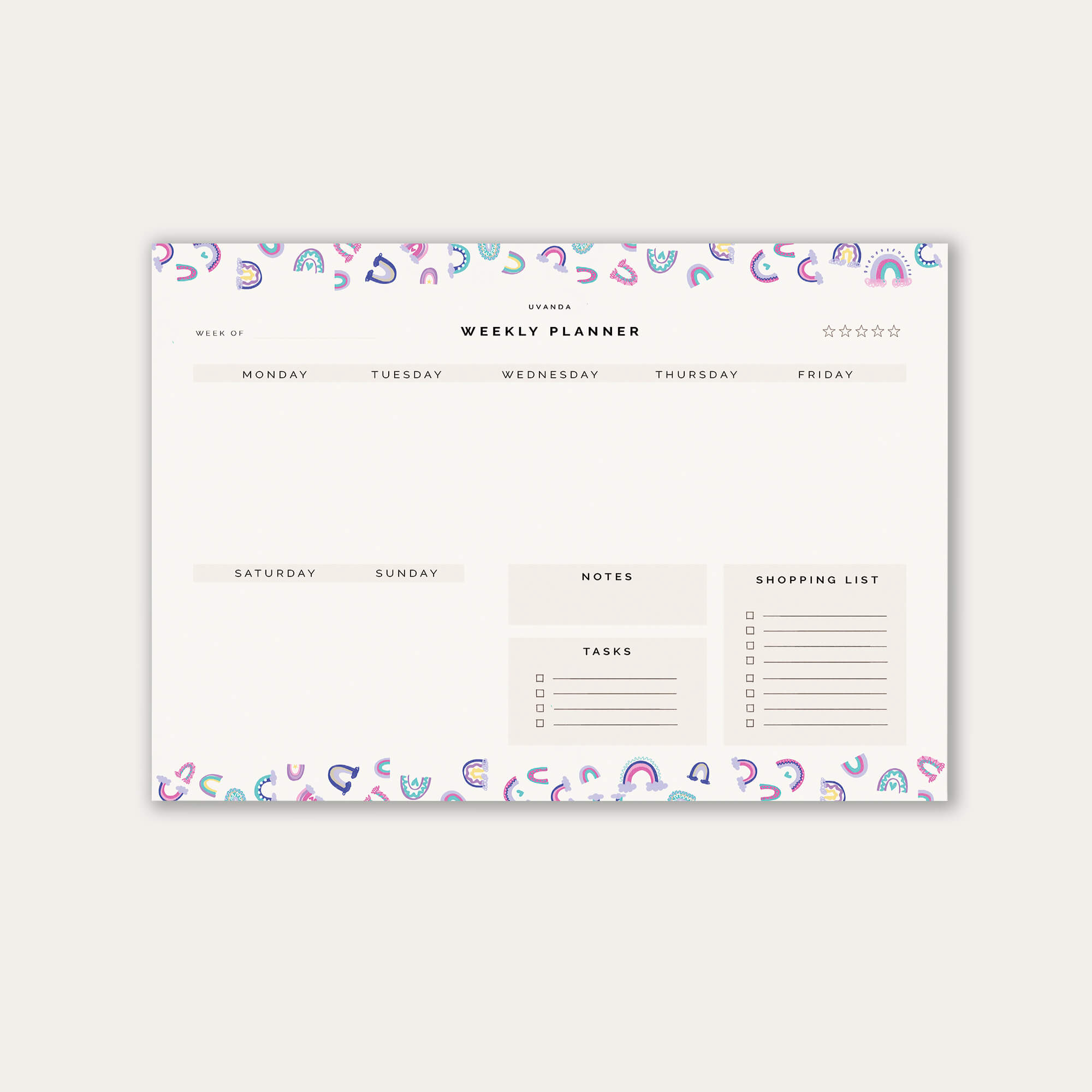 Weekly Planner Undated calendar with rainbow design