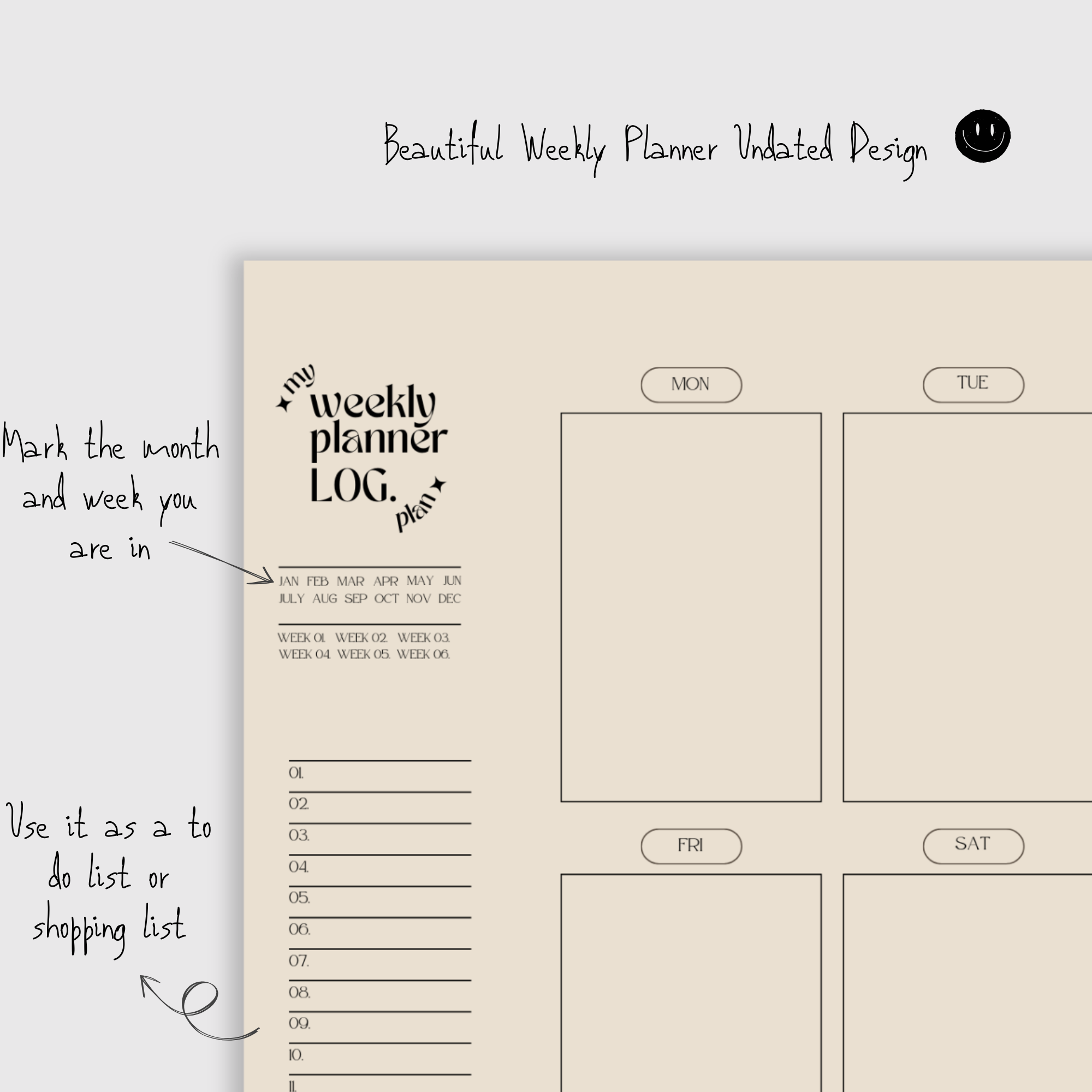 Minimalist Beige Planner - Digital, Undated, Printable PDF. Daily, Weekly, Monthly planners for efficient organization. Description: Accessible planners for daily, weekly, and monthly planning. Ideal for busy individuals. Print or edit digitally.