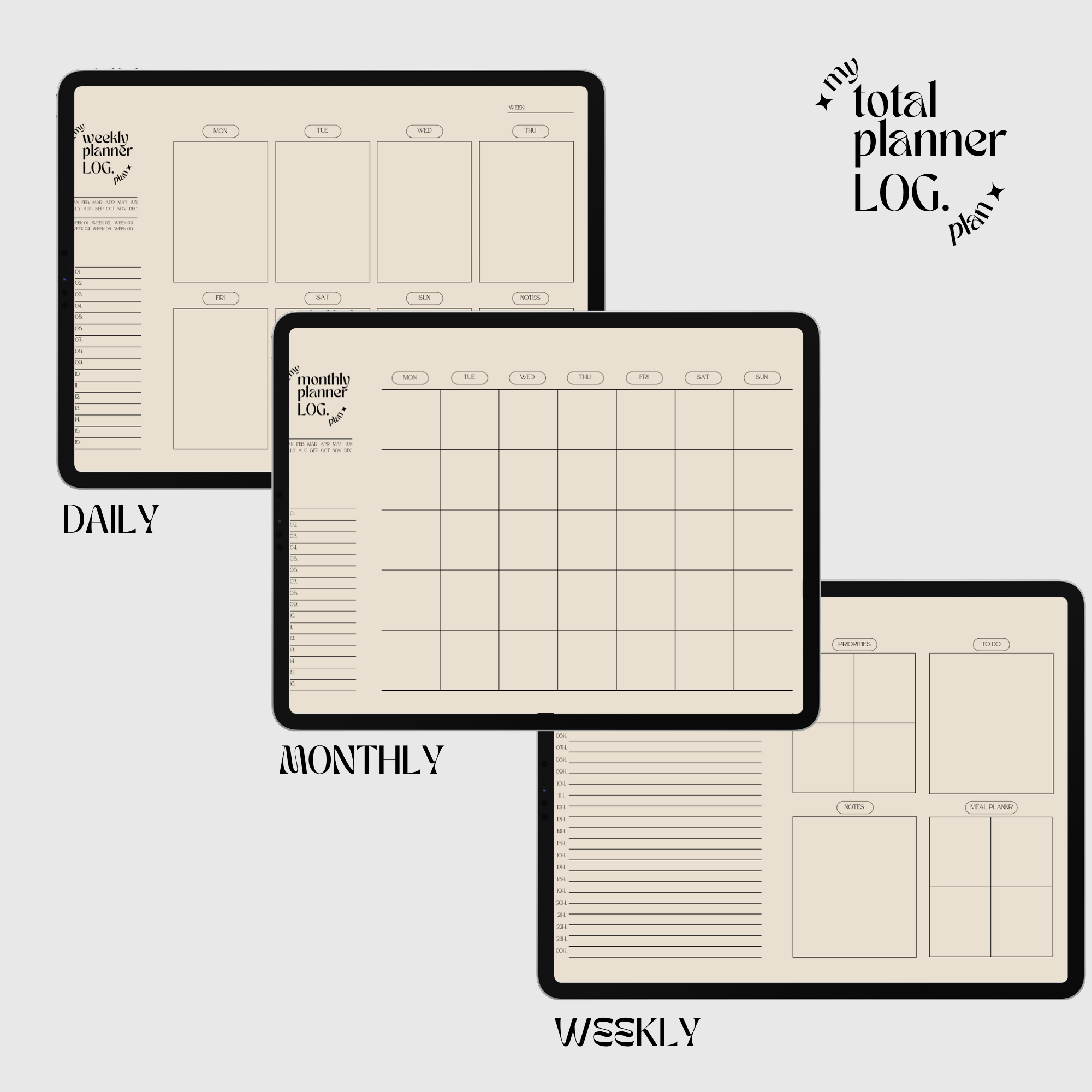 Minimalist Beige Planner - Digital, Undated, Printable PDF. Daily, Weekly, Monthly planners for efficient organization. Description: Accessible planners for daily, weekly, and monthly planning. Ideal for busy individuals. Print or edit digitally.