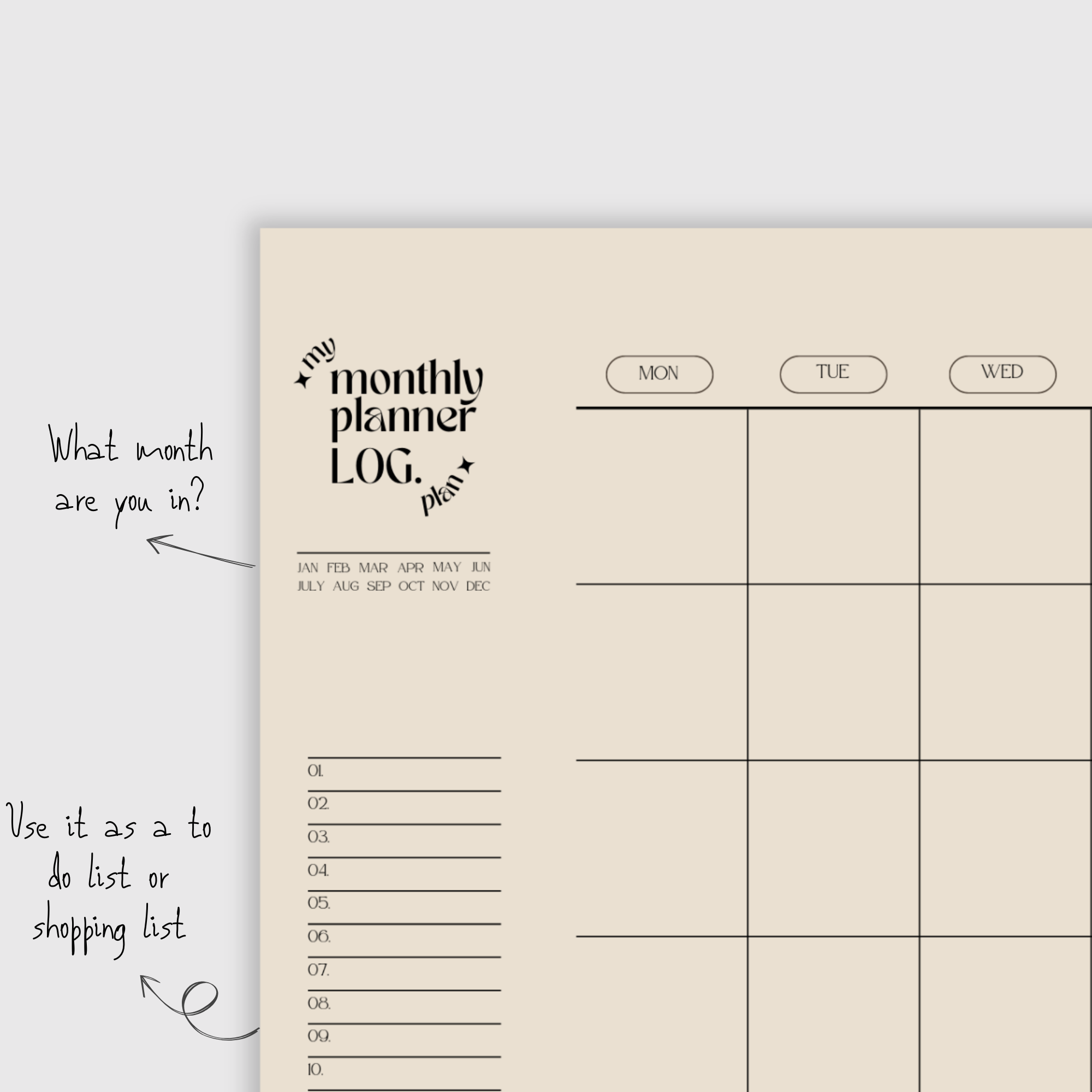 Minimalist Beige Planner - Digital, Undated, Printable PDF. Daily, Weekly, Monthly planners for efficient organization. Description: Accessible planners for daily, weekly, and monthly planning. Ideal for busy individuals. Print or edit digitally.