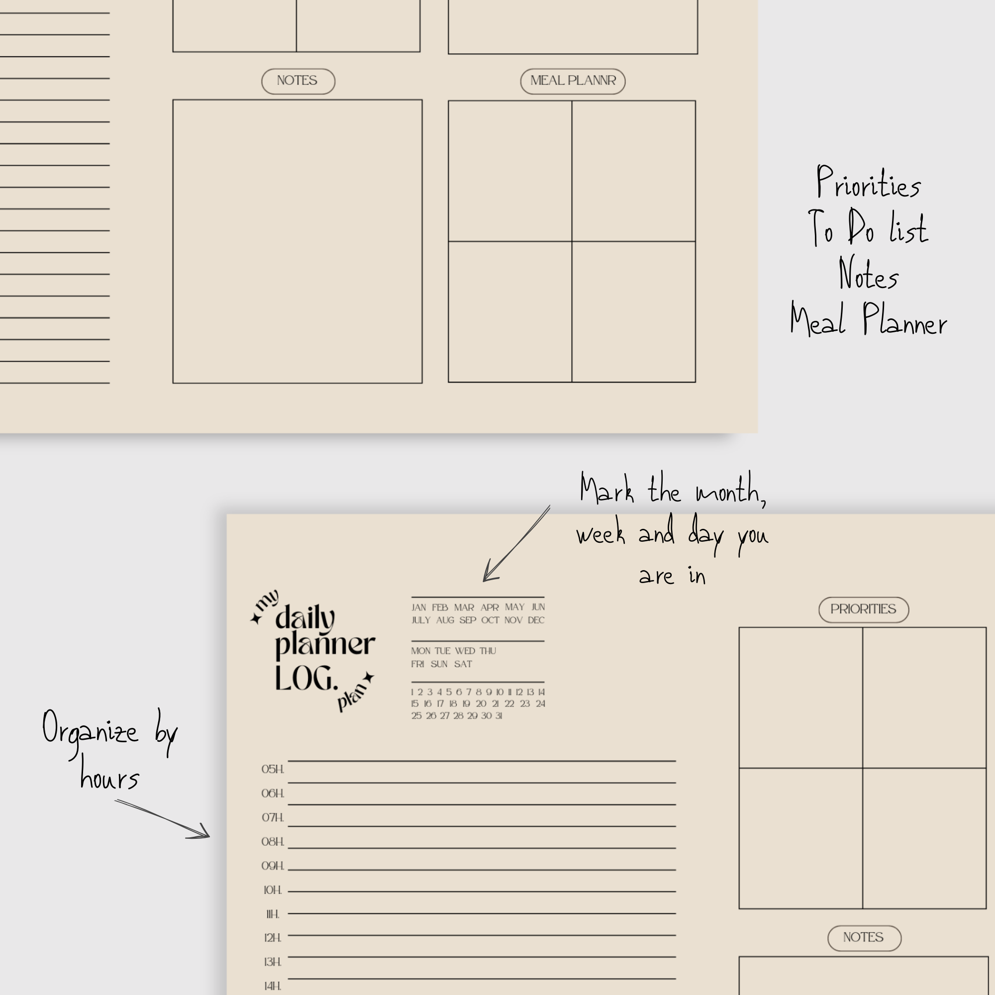 Minimalist Beige Planner - Digital, Undated, Printable PDF. Daily, Weekly, Monthly planners for efficient organization. Description: Accessible planners for daily, weekly, and monthly planning. Ideal for busy individuals. Print or edit digitally.