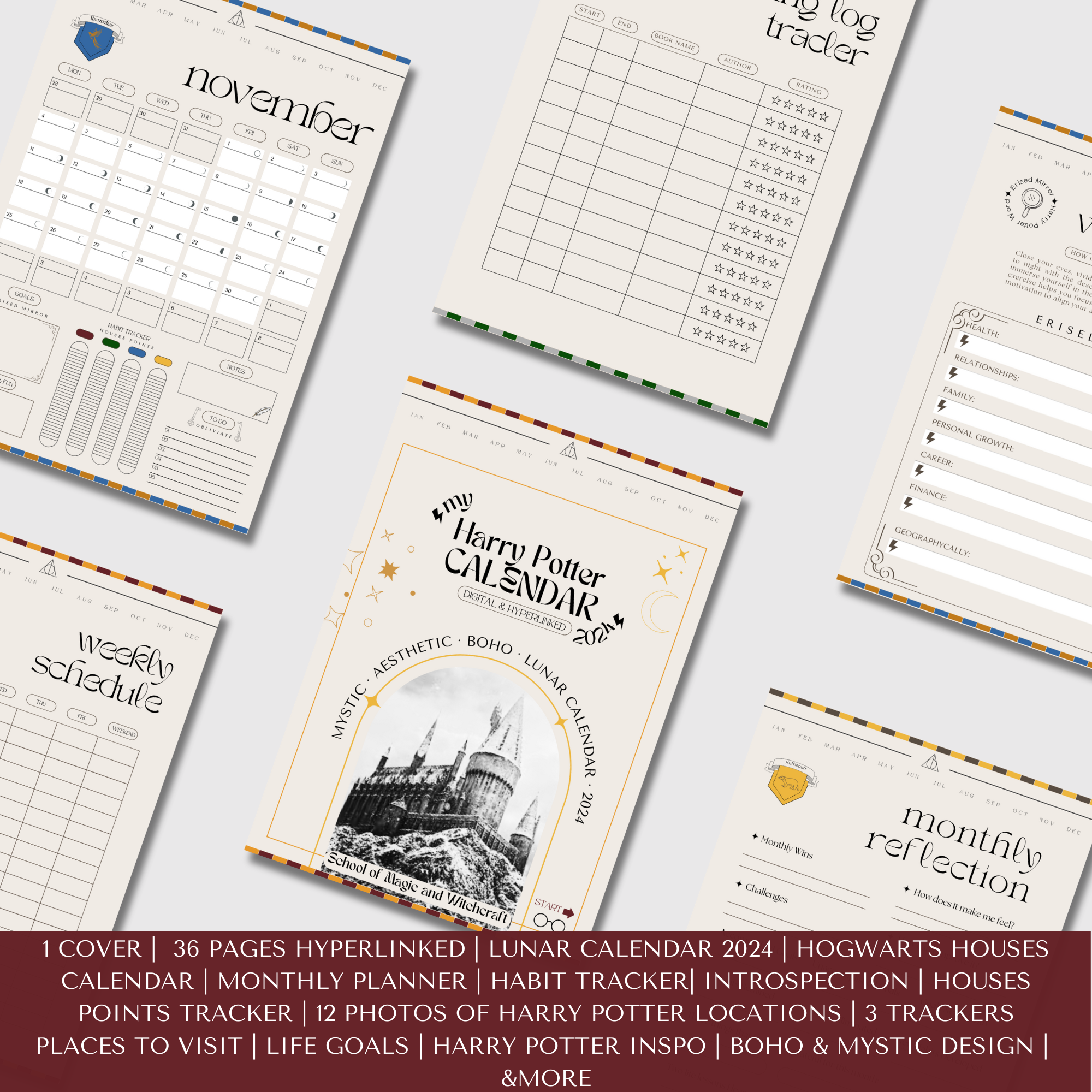 HARRY POTTER, LUNAR CALENDAR 2024, HOGWARTS HOUSES PLANNER - Wizard School Weekly Digital Planner, Gryffindor, Slytherin, Ravenclaw, Hufflepuff, Instant PDF Download, Hogwarts School of Witchcraft and Wizardry, to lo list, spell, witchy planner, potter planner, hogwarts planner