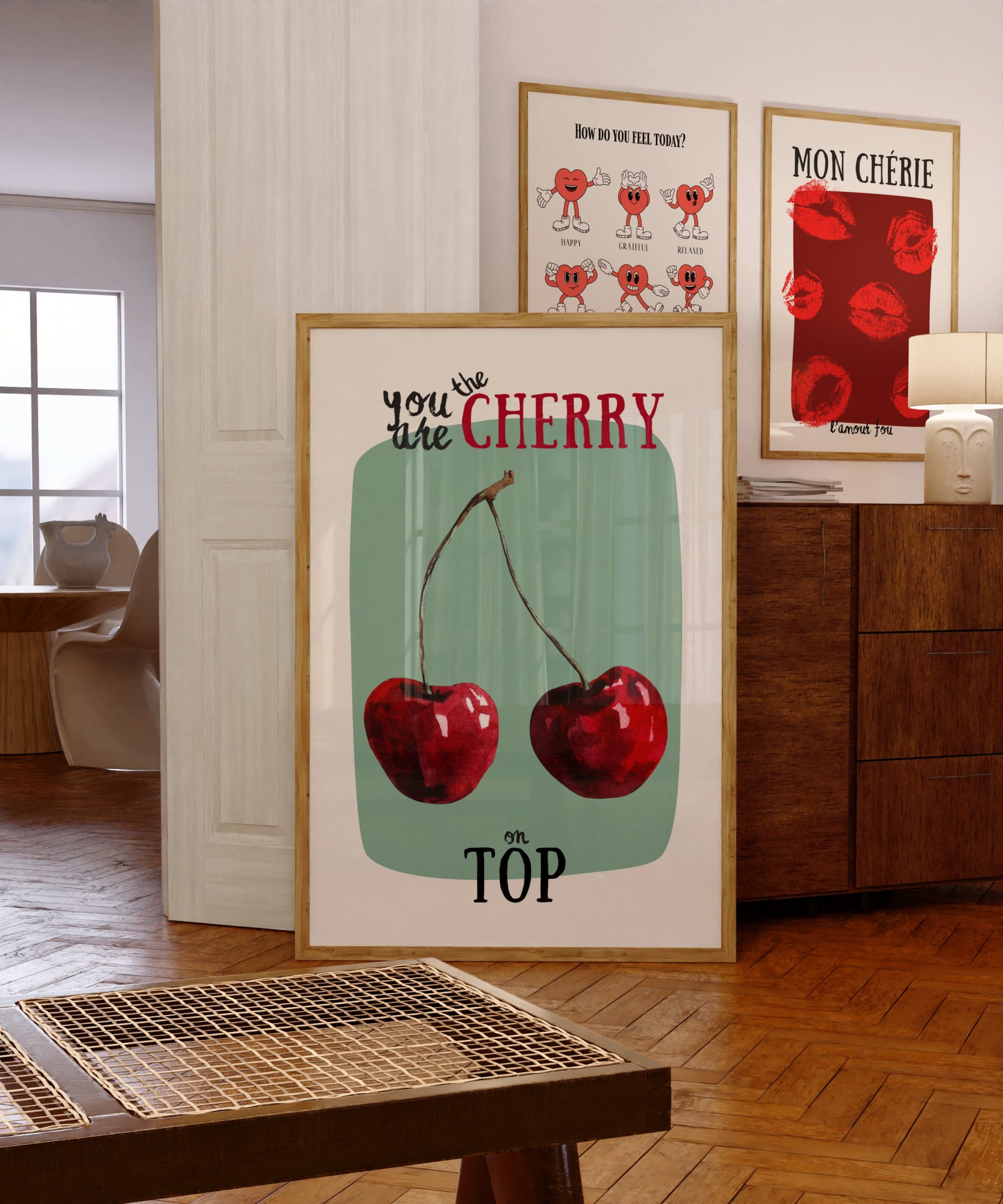 Cherry on Top - Coquette Print Green Living Room Mockup