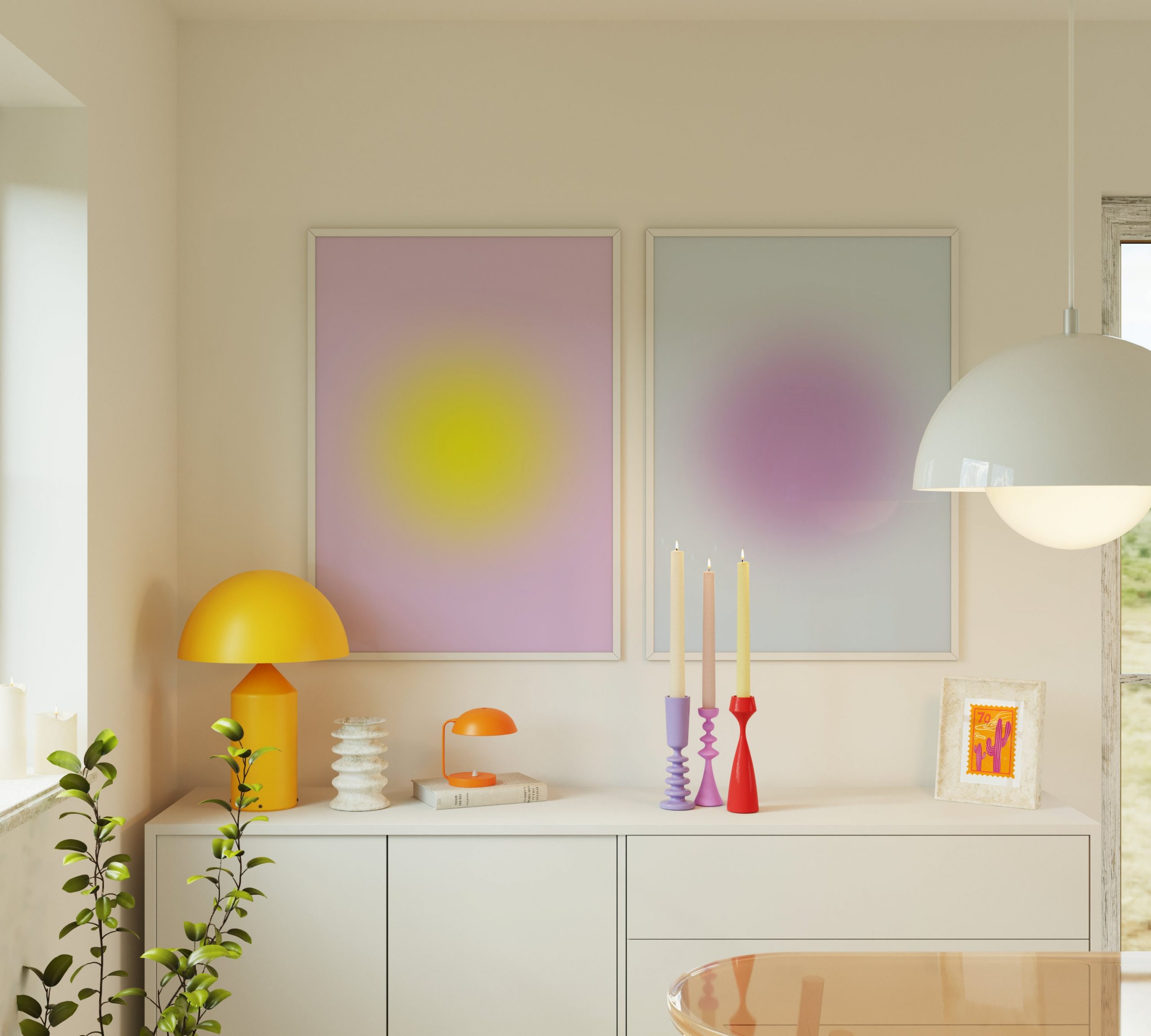 Set of 2 - Blurry Gradient Purple Yellow Living Room Mockup