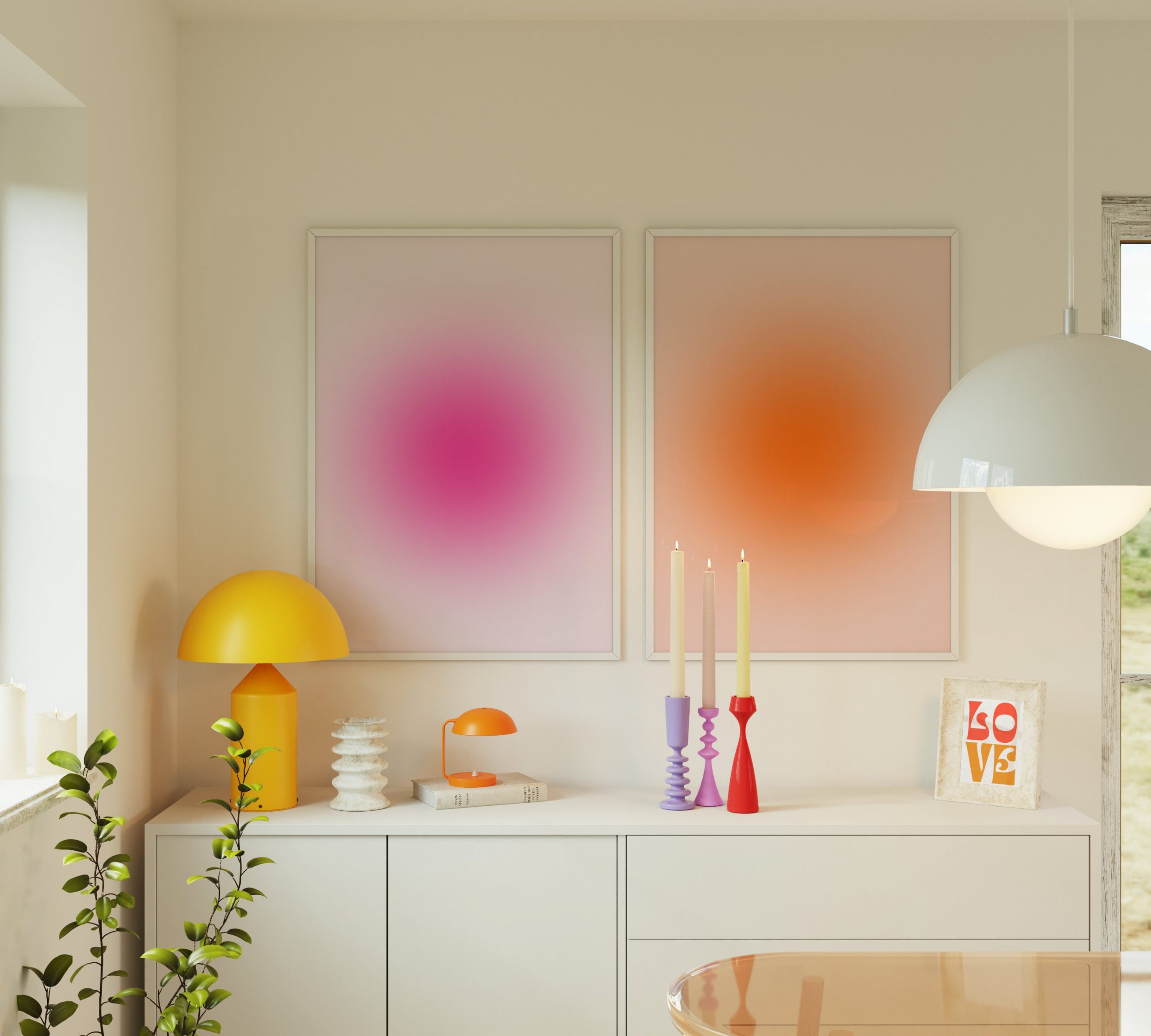 Set of 2 - Blurry Gradient Pink Orange Living Room Mockup