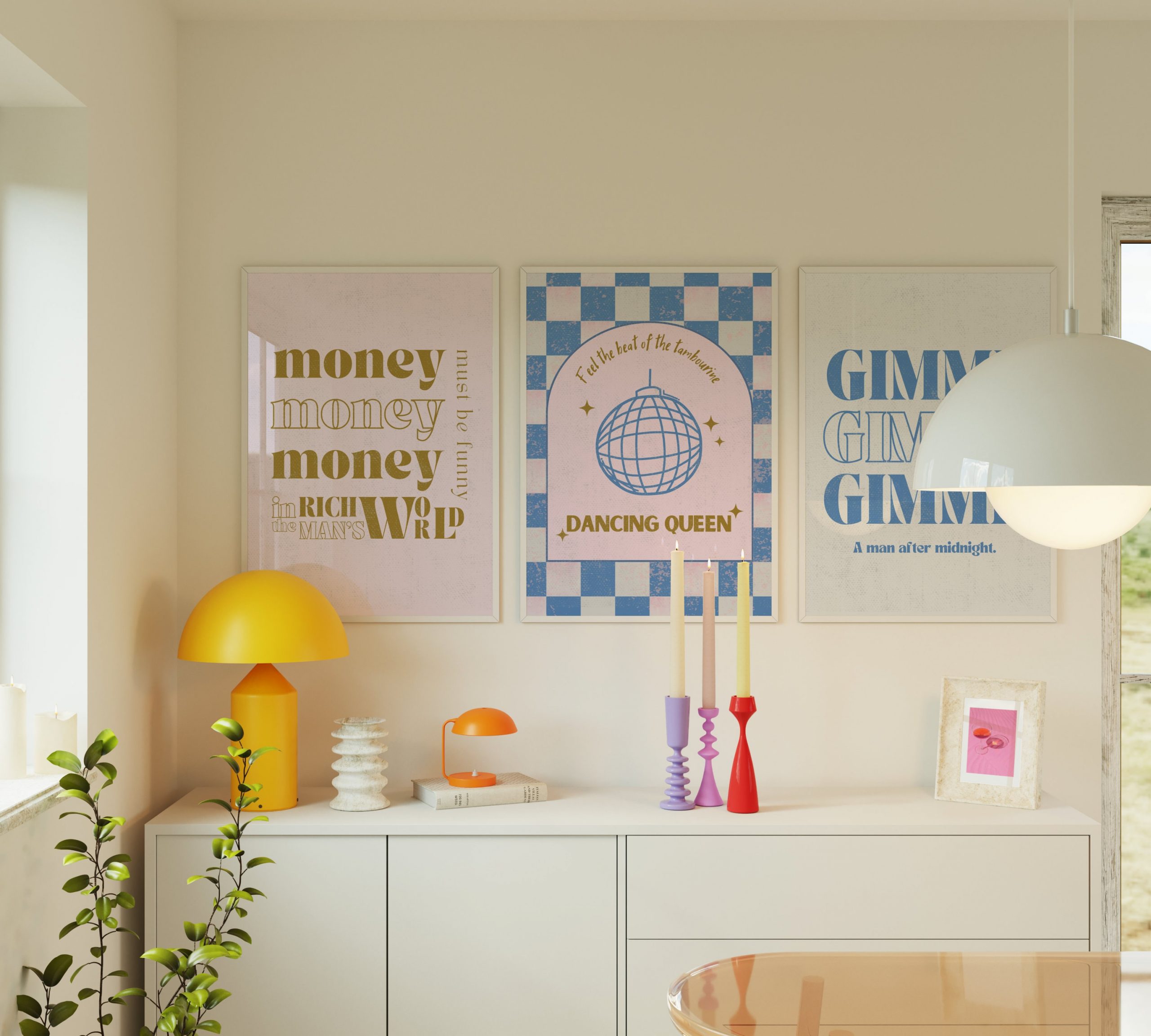 Set of 3 - Dancing Queen 70s - Blue Living Room Mockup