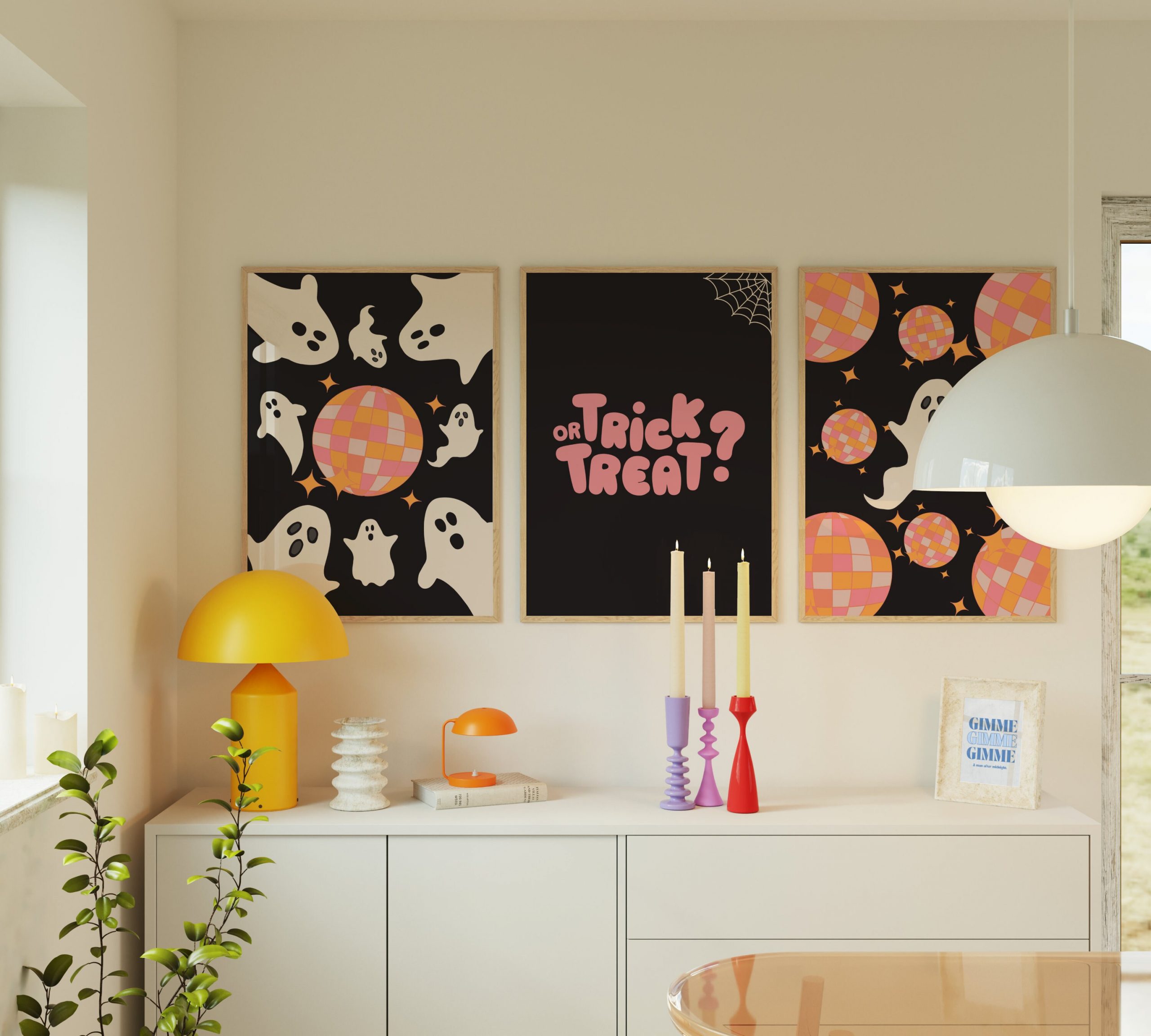 Halloween party wall art with retro design in black and pink