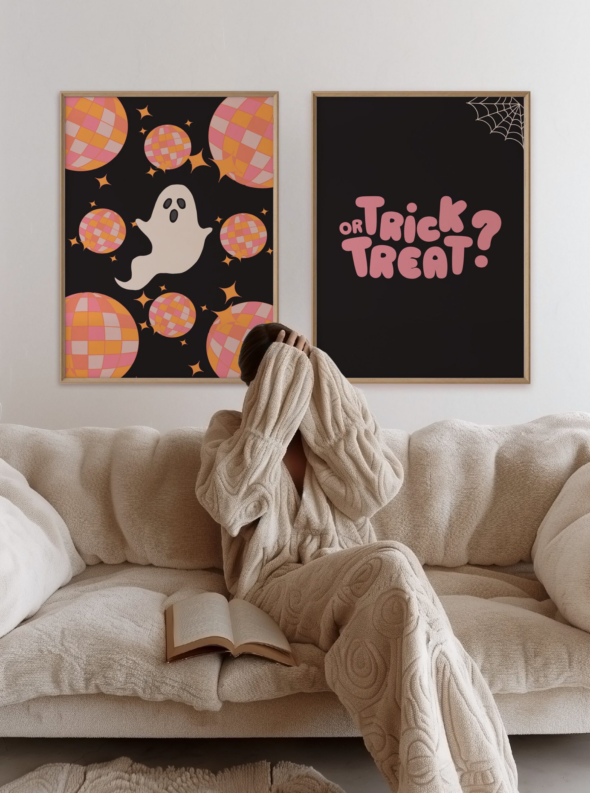 Trick or Treat print featuring playful spider web and pink accents