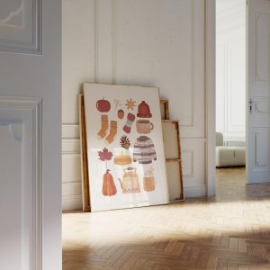 Add warmth to your space with the Wall Print - Autumn Cozy Elements by Uvanda, an inviting choice for lovers of fall and comfort.