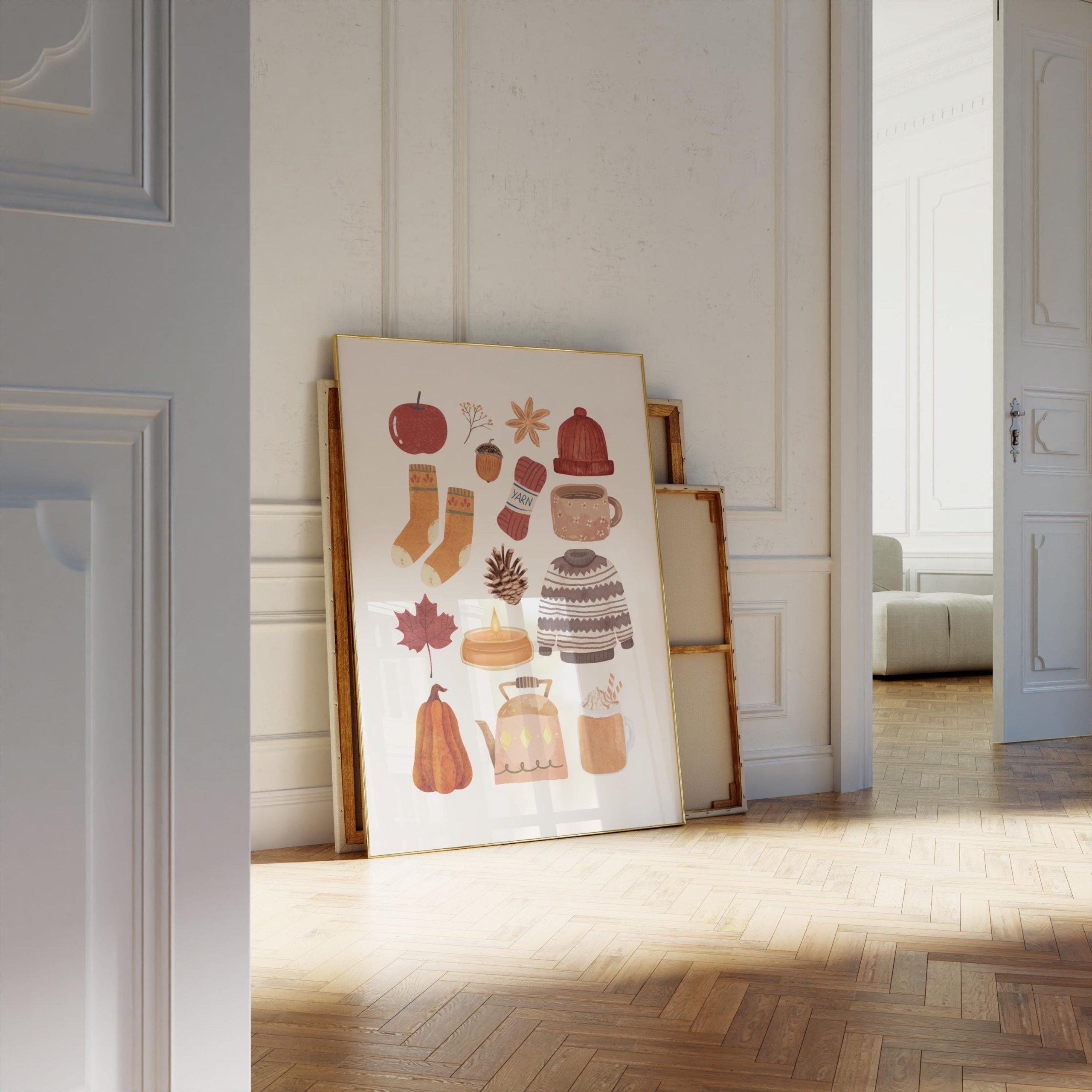 Add warmth to your space with the Wall Print - Autumn Cozy Elements by Uvanda, an inviting choice for lovers of fall and comfort.